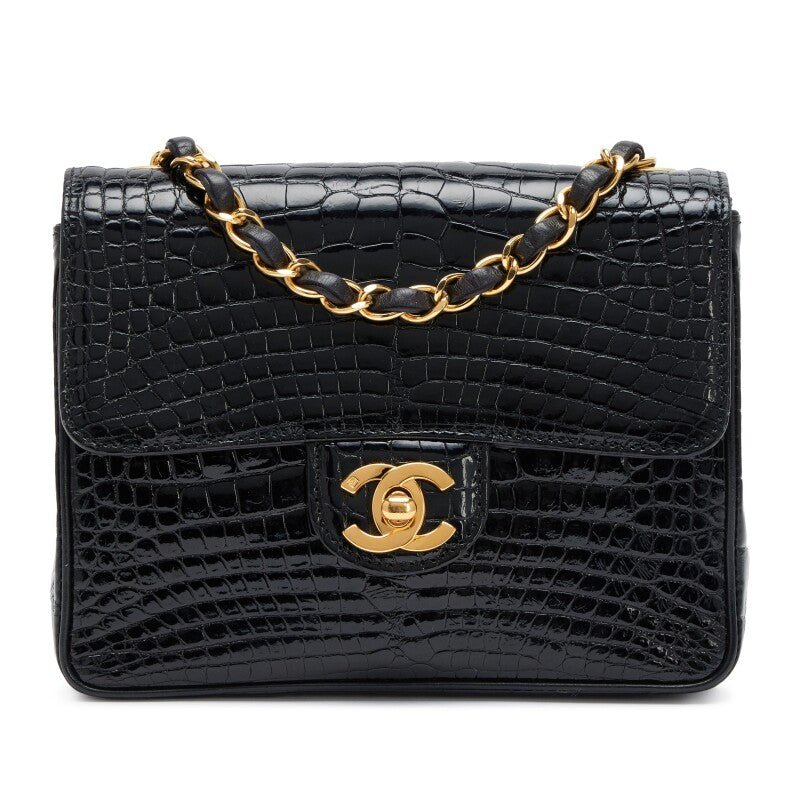 Vintage Black Alligator Mini Square Classic Flap Bag Gold Hardware, 1994-1996 - Crowned Bag