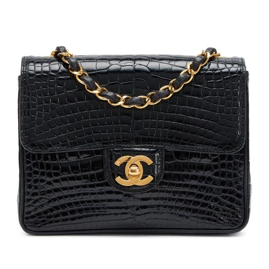 Vintage Black Alligator Mini Square Classic Flap Bag Gold Hardware, 1994-1996 - Crowned Bag