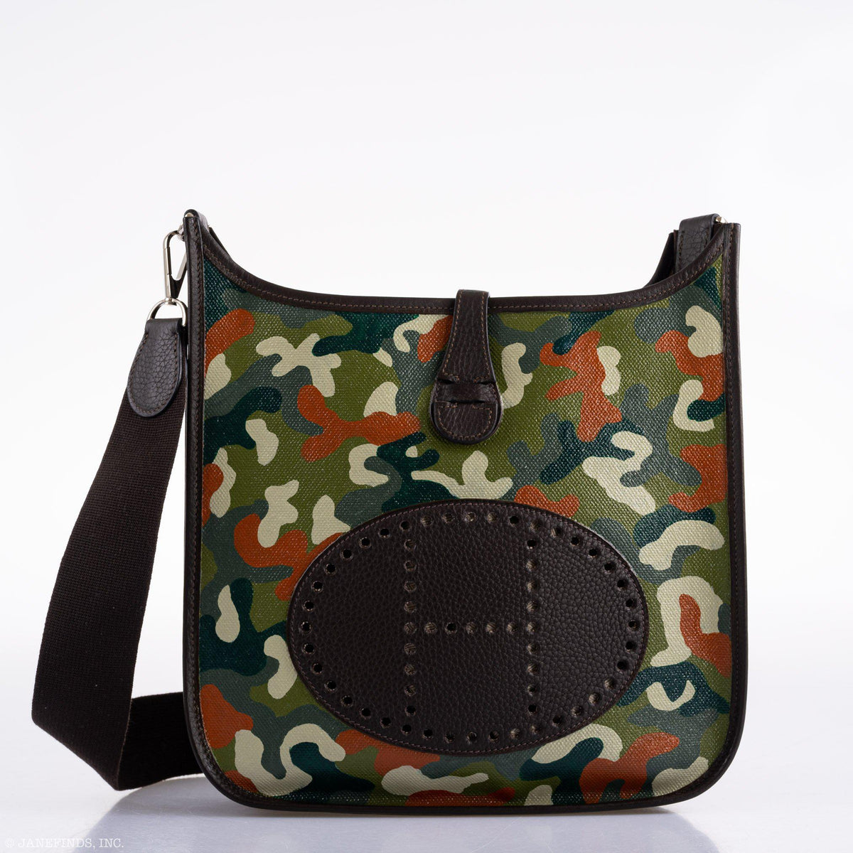 Vintage Hermes Evelyne II Ebene Clemence & Toile Camouflage Painting - Crowned Bag