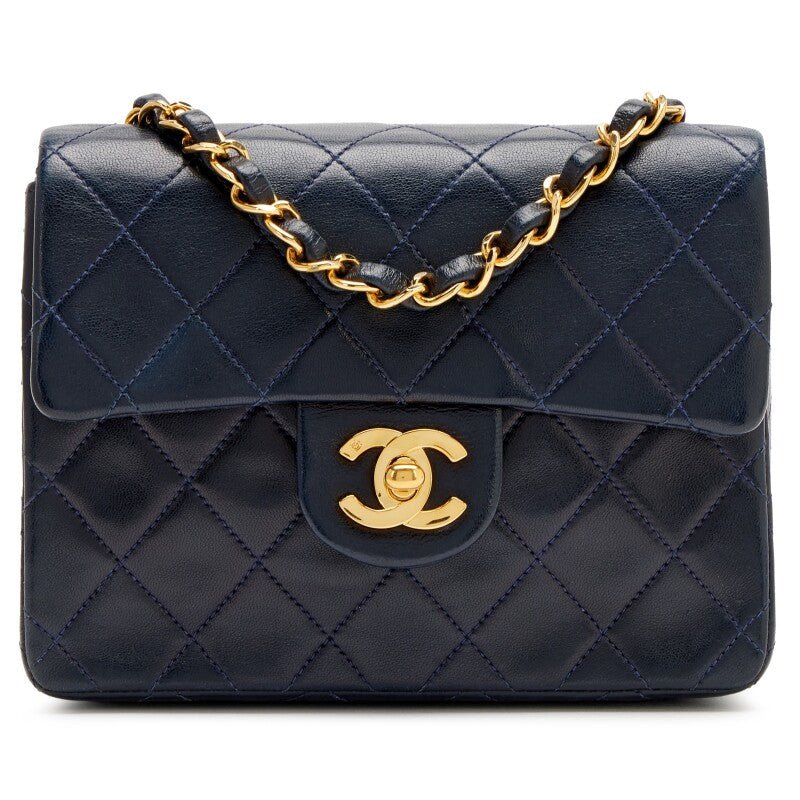 Vintage Navy Blue Quilted Lambskin Mini Square Flap Bag Gold Hardware, 1991-1994 - Crowned Bag