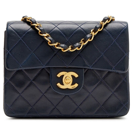 Vintage Navy Blue Quilted Lambskin Mini Square Flap Bag Gold Hardware, 1991-1994 - Crowned Bag